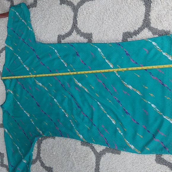 Vintage 80s Light Short Sleeve Paint Splatter Dress Teal Med/ Lg - Picture 4 of 4